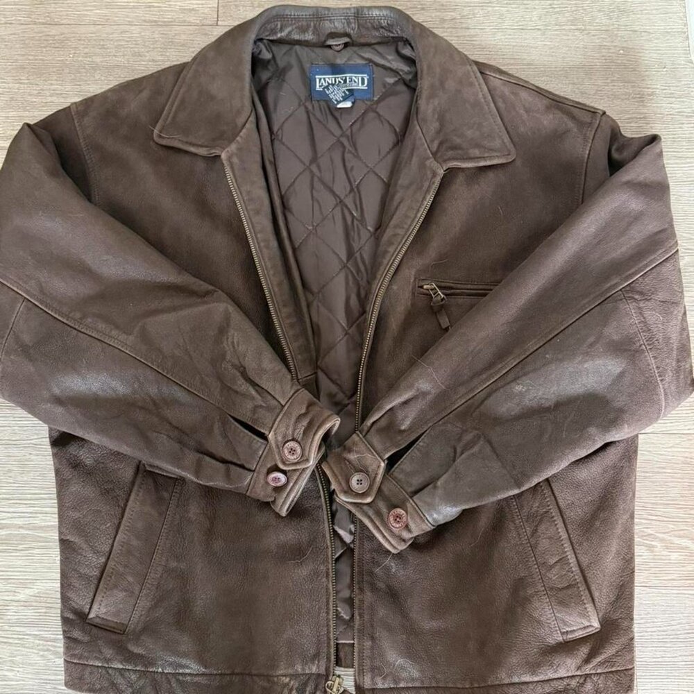 Lands' End Men's Brown and Black Leather Oversized Jacket